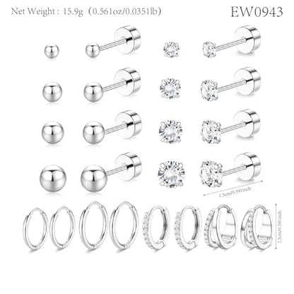 Stainless Steel Stud Earrings Set for Women Hypoallergenic Flat Back Cartilage Earrings Screw Back Huggie Hoop Earrings Multiple Piercing Cubic Zirconia Helix Tragus Jewelry - color: Set-C-Silver