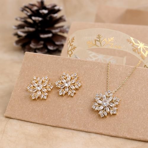 Gold Silver Stud Earrings Pendent Necklace Sets for Women, Dainty Rhinestone Crystal Necklace Earing Jewelry Set Wedding Accessories Fashion Holiday Gift - color: snowflakegold