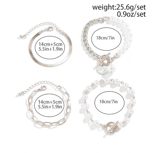 Gold Silver Beaded Pearl Bracelets Stacked for Women Coin Chain Accessories | Statement Stack OT Buckle Bracelet, Charm Stackable Pearls Coins Drop Paperclip Link, Fashion Layered Prom Party Jewelry Gift - color: Silver