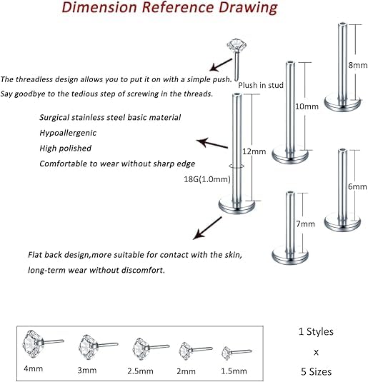 Aumeo 20G 18G 16G Threadless Push in Nose Rings Studs Surgical Steel Labret Jewelry Monroe Lip Rings Studs Medusa Ashley Piercing Jewelry for Women - color: Silver, size: 18g*6/7/8/10/12mm+grabber tool