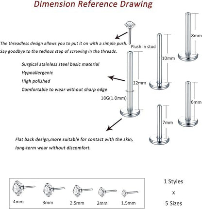 Aumeo 20G 18G 16G Threadless Push in Nose Rings Studs Surgical Steel Labret Jewelry Monroe Lip Rings Studs Medusa Ashley Piercing Jewelry for Women - color: Silver, size: 18g*6/7/8/10/12mm+grabber tool