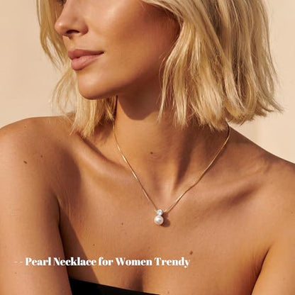 Gold Pearl Necklaces for Women Trendy, 14K Gold Plated Dainty Necklace Simple Single Double Layered Pearl Pendant Necklaces for Women Wedding Birthday Jewelry Gifts - color: 6-CZ Pearls-Gold