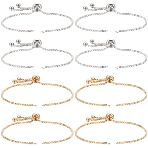 SUNNYCLUE 1 Box 8Pcs Slider Bracelet Chains 304 Stainless Steel Slider Bracelets Bulk Adjustable Extender Chain for Jewelry Making DIY Crafts Women Supplies - color: Mixed Color Box Chain, Round Ball End