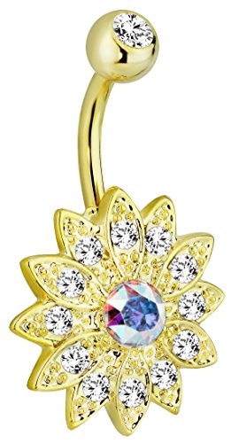 Forbidden Body Jewelry 14k Gold Plated Surgical Steel CZ Pave Crystal Bling Flower Belly Button Ring
