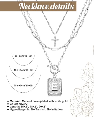 MJartoria Layered Initial Necklaces for Women Trendy, 14K Gold Plated Brass Simple Dainty Cross Choker Square Letter Pendant Necklace, Paperclip Chain Necklaces Jewelry - color: Silvery, style: E