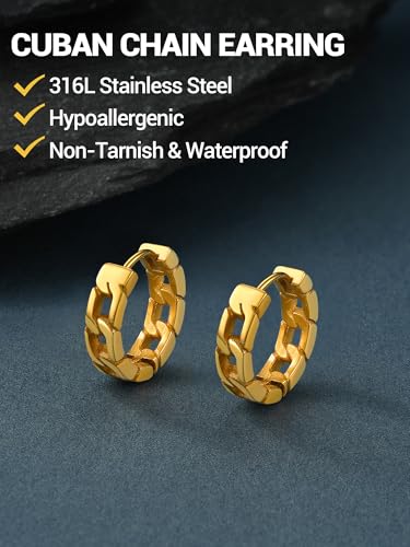 PROSTEEL Stainless Steel Huggie Hoop Earrings for Mens Gold/Black/Silver | Skull/Infinity Pattern, Spike/Cuban Links 4 Design Options Hypoallergenic Lightweight Earring Hip Hop Punk Gothic Jewelry - style: Cuban Links-Gold