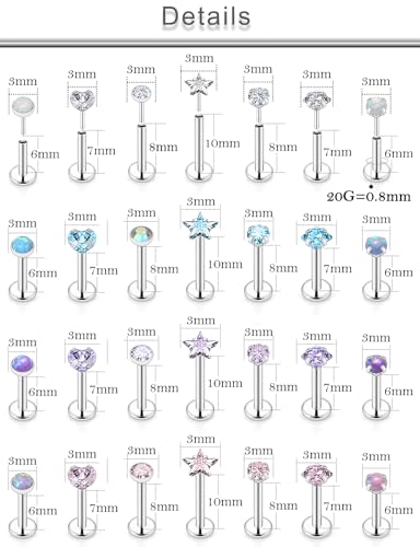 20G 18G 16G Threadless Lip Labret Medusa Monroe Nose Piercing Jewelry Surgical Steel Snake Bites Lip Rings Flat Back Push in Cartilage Tragus Helix Conch Earring Stud 6mm 7mm 8mm 10mm Bars - color: Silver-20G（0.8mm)-6/7/8/10mm Bars-3mm CZ