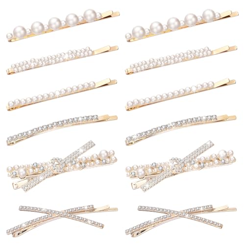 12 Pieces Rhinestone Bobby Pins Decorative Fancy Crystal Hair Clips Shiny Metal X Shaped Barrettes Bling Diamond Wedding Bridal Shower Hair Accessories for Women Ladies Girls (Gold, White) - color: Gold, White