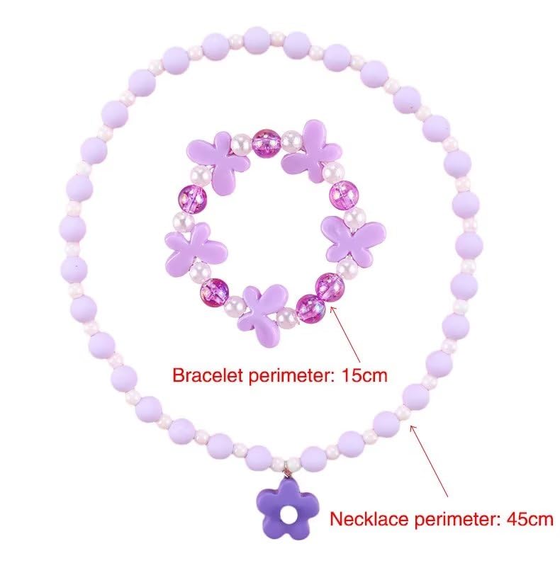Beaded Necklaces and Bracelets Set for Women Flower Butterfly Pendant Bead Stretch Necklace Party Favors Dress up Play Costume Jewelry Gift - color: Purple
