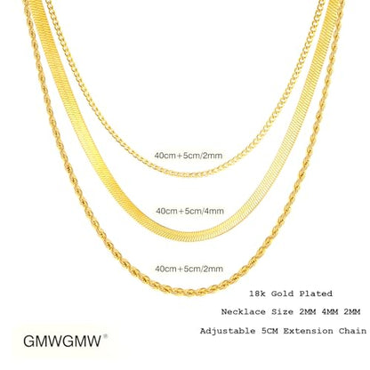 18K Gold Plated Necklace Bracelet Set Womens Stackable Adjustable Stainless Steel Minimalist Modern Everyday Jewelry Gift Gold and Silver - style: 3 Pcs Gold Necklaces