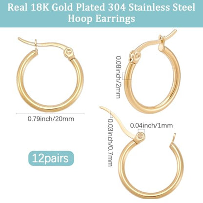 Beebeecraft 1 Box 12 Pairs Hoop Earrings 18K Gold Plated 304 Stainless Steel 20mm Cartilage Ear Cuff Tiny Hoop Hugging Earring Sleeper Earwires Components for Gift - size: 20x2mm