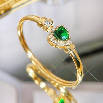 Gold Bracelets For Women, Emerald Sapphire Cuff Bracelet 14k Gold Plated With Simulated Diamond Trendy Open Bangle Gifts For Mom Gifts For Her - color: Green Heart Gold
