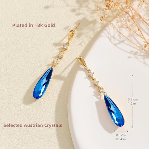 VONSSY Austrian Crystal Teardrop Drop Dangle Earrings Gold Plated Silver Post Zircon Gemstone Jewelry Gift for Woman Girlfriend Mom Wife - color: Sappire Blue