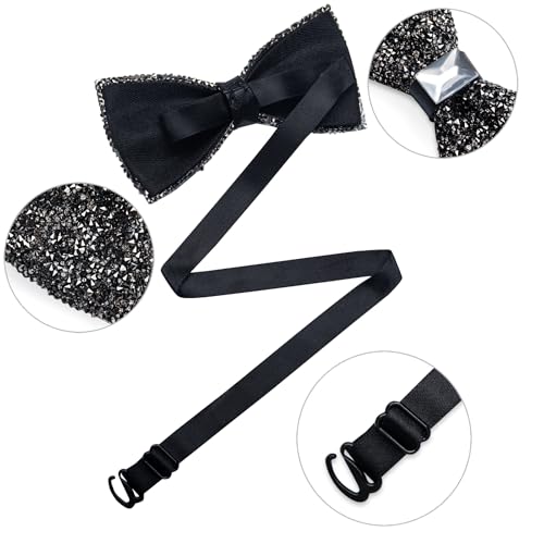 DiBanGu Mens Rhinestone Bow Tie with Ring and Lapel Pin Set | Adjustable Strap,Pre-tied Style,3PCS,Sequin Diamond Bowties，Solid/Mix Color,Shiny Accessory,for Party Prom Banquet Wedding - color: Dark Grey
