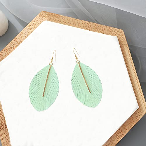 GBAHFY Feather Leather Layered Fringe Earrings for Women Boho Genuine Lightweight Leather Leaf Tassel Dangle Statement Earrings with Metal Bar - color: Light Green