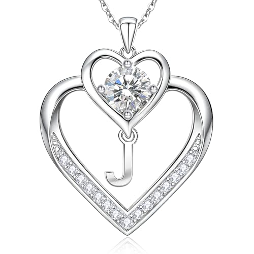 RIVIKO 1 Carat Moissanite Heart Initial Necklace for Women,Letter Pendant | 925 Sterling Silver Chain,Personalized Jewelry,Anniversary Birthday Gifts for Wife Friend Mom - color: Letter J