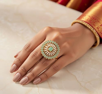 Efulgenz Indian Jewelry Ring Round Faux Pearl Crystal Adjustable Big Finger - color: Mint