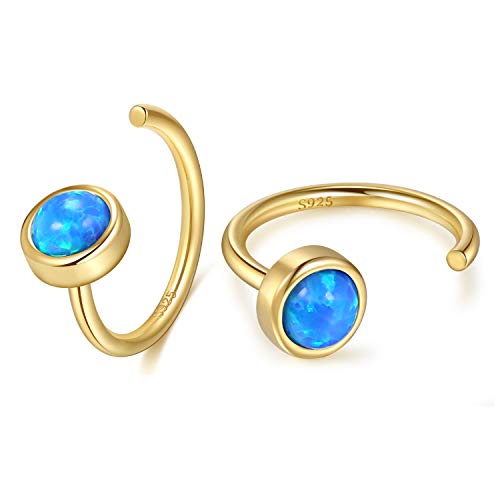 CHIC & ARTSY 925 Sterling Silver Half Hoop Earrings for Women, Dainty Huggie Hoops with Synthetic Opal, Moonstone, CZ & Gemstones, Lightweight Comfort Fit Everyday Elegant Jewelry - color: Opal Blue/Gold Plated Silver
