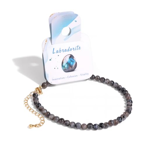 Natural Stone Beaded Anklets for Women, Handmade Boho Clear Quartz 4mm Crystal Beads Anklet, Gold Chain Adjustable Ankles Bracelet, Beach Summer Jewelry Gemstone Foot Bracelet Gift - color: Labradorite