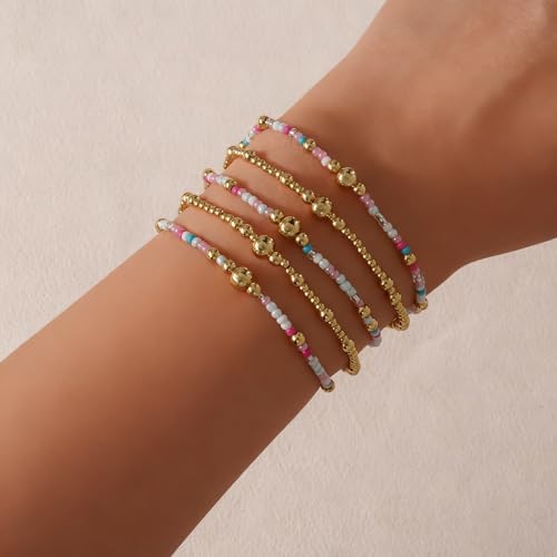 Colorful Gold Plated Stackable Ball Seed Beaded Bracelets Set For Women, Boho Handmade Romantic Stretch Accessories Jewelry, Daily Wear Holiday Party Friendship Gift - color: White Rice