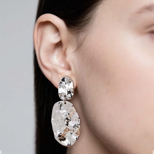 Large Geometric Drop Dangle Earrings for Women Pearl Teardrop Disc Rectangle Oval Fishtail Shell Shaped Textured Dangle Studs Earrings for Women - color: Silver-Oval