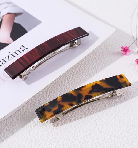 2 Pack French Design Hair Barrettes Tortoise Shell Acetate Celluloid Rectangle Hair Clips for Women - color: Dark Tortoise+Burgundy