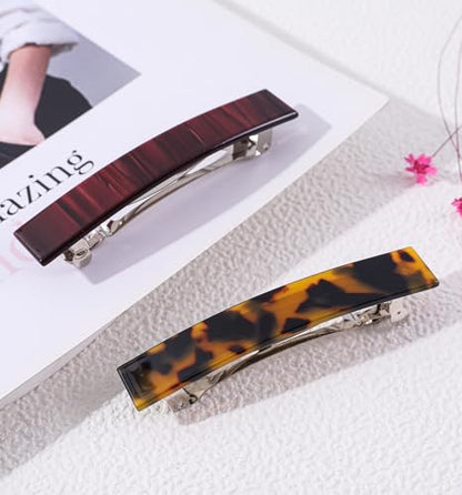 2 Pack French Design Hair Barrettes Tortoise Shell Acetate Celluloid Rectangle Hair Clips for Women - color: Dark Tortoise+Burgundy