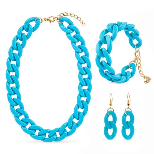 3 Pcs Acrylic Chunky Necklace Bracelet Earrings Set for Women, Bold Cuban Link Choker Necklace, Colorful Statement Jewelry Accessories for Party Outfit - color: Sky Blue