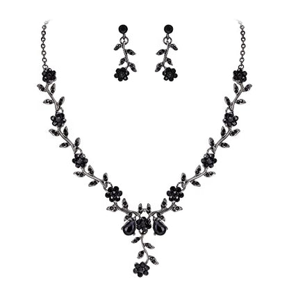 Women's Wedding Jewelry Set for Bride,Prom Bridal Accessories | Bling Crystal,Flower Leaf Cluster,Dangle Earrings Pendant Necklace Set,for Bridesmaid,Party Jewellery - color: 13-Black Black-Tone