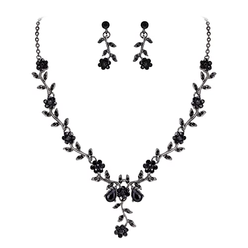 Women's Wedding Jewelry Set for Bride,Prom Bridal Accessories | Bling Crystal,Flower Leaf Cluster,Dangle Earrings Pendant Necklace Set,for Bridesmaid,Party Jewellery - color: 13-Black Black-Tone