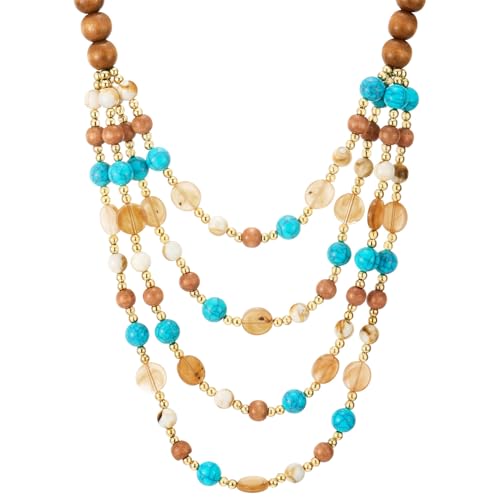 COOLSTEELANDBEYOND Boho Multi-Layer Beaded Necklace, Wooden and Gemstone Beads, Statement Necklace, Waterfall - color: A-Color: Brown & Blue