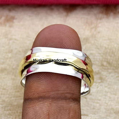 925 Sterling Silver Hammered Spinner Ring for Women Two Tone Gold Fidget Anxiety Ring Wide Band Custom Size 4 to 15 US Meditation Gift