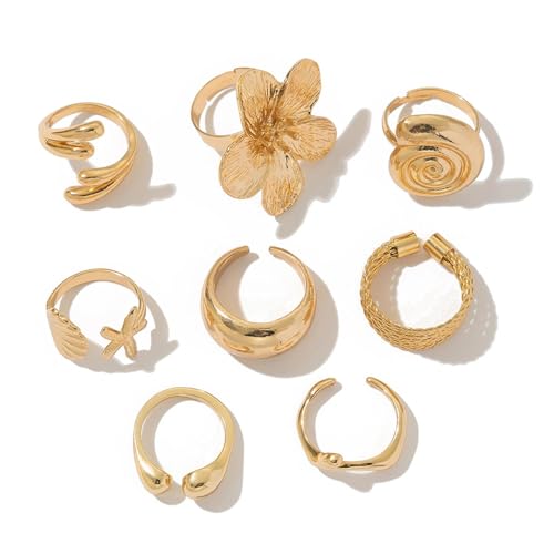 GIGB PBDK Chunky Gold Flower Open Knuckle Ring Set for Women,Dainty Seashell Starfish Statement Midi Finger Ring,Trendy Holiday Jewelry Accessories Gifts