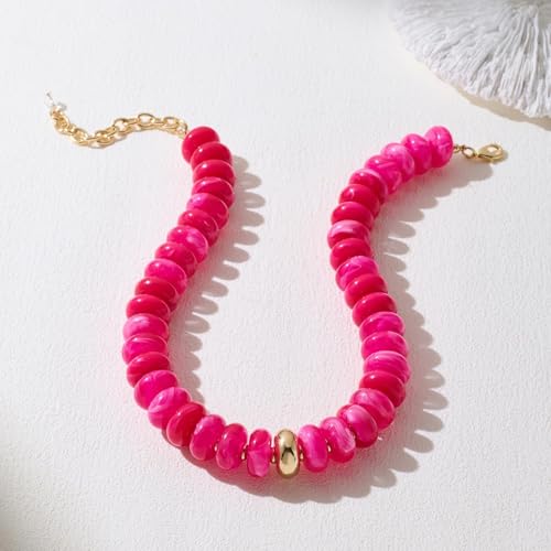 Chunky Colorful Choker Necklace for Women - Summer Beach Round Resin Beads Necklace, Trendy Statement Summer Beach Jewelry Birthday Gifts for Vacation Holiday - color: 18mm Rose Red Bead
