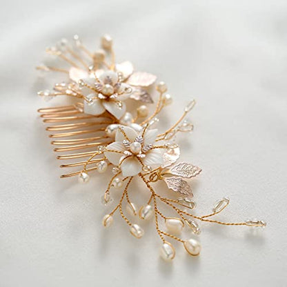 SWEETV Wedding Hair Comb for Bridal Hair Accessories, Handmade Flower Bridal Hair Clip Hair Pieces, Gold, 5.12 *2.75 inches, 1 Count (Pack of 1) | Handmade Wedding Hair Accessories Wedding Hair Pieces for Brides, Wedding Hair Clip Bridal Hair Comb Gold 5.