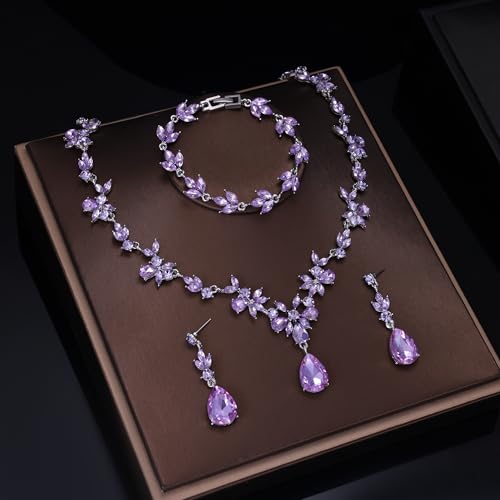 Kamirola Bridal Jewelry Set, Jewelry Set for Women, Necklace Dangle Earrings Bracelet Set, White Gold Plated (TR76) - color: Silver Purple