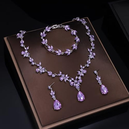Kamirola Bridal Jewelry Set, Jewelry Set for Women, Necklace Dangle Earrings Bracelet Set, White Gold Plated (TR76) - color: Silver Purple