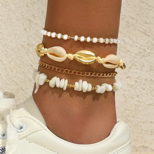 Qceasiy Shell Ankle Bracelets for Women, Boho Beaded Beach Anklet Set | Seashell, Heart, Starfish and Conch Styles, Gold-Tone, Stretch or Adjustable Fit, Layered Beach Vacation Jewelry Gifts - color: Gold 2