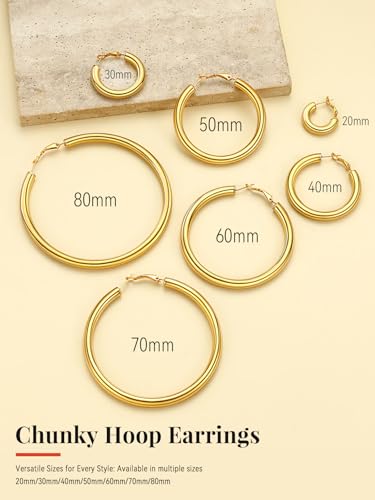 FaithHeart Silver/Black/Gold Stainless Steel Chunky Hoop Earrings for Women | Hypoallergenic Lightweight Hoop Earrings, Trendy Statement Thick Hoop, 20/30/40/50/60/70/80mm - color: Gold, size: 40mm
