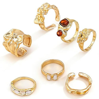 Chunky Gold Statement Rings for Women Dainty Gemstone Crystal Ring Stackable Opening Adjustable Knuckle Bold Thick Irregular Ring Set Vintage Jewelry