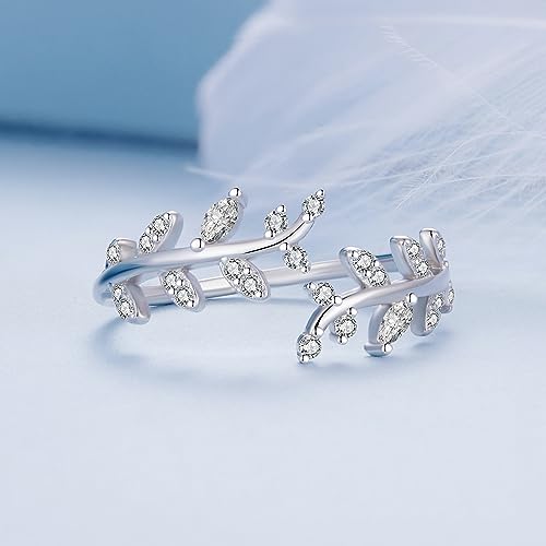 MUNDELL 925 Sterling Silver Simple Multi-layer Leaf Adjustable Ring Green Lucky Leaves Statement Ring for Women Promise Ring Fine Jewelry - color: Silver Leaf