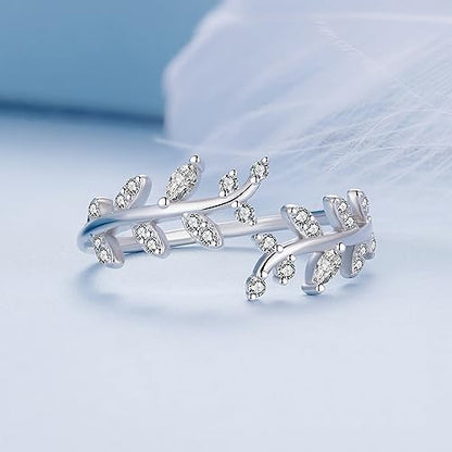 MUNDELL 925 Sterling Silver Simple Multi-layer Leaf Adjustable Ring Green Lucky Leaves Statement Ring for Women Promise Ring Fine Jewelry - color: Silver Leaf