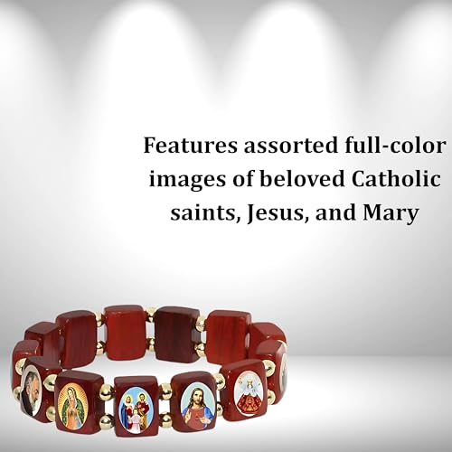 Catholica Shop Devotional Catholic Religious Wood Stretch Bracelets. Small and Large Panels with Assorted Images of Saints, Jesus and Mary. Unisex. Handcrafted in Brazil - style: Small Panel Gold Tone