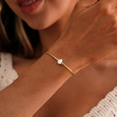 Gold Cuff Bracelets for Women, 14K Gold Plated Dainty Open CZ Cuff Bracelet Adjustable Stackable Open Bangle Bracelet Birthday Jewelry Gift for Her - color: Drop CZ-Gold