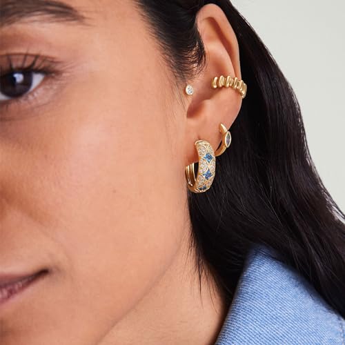 Dremmy Studios Dainty CZ Huggie Hoop Earrings 14K Gold Plated Chunky Simple Cute Thick Round Frill Bead Ball Starburst Cuff Earrings Cubic Zirconia Hoop Earrings Minimalist Personalized Gift for Her - color: Blue & White Hoops