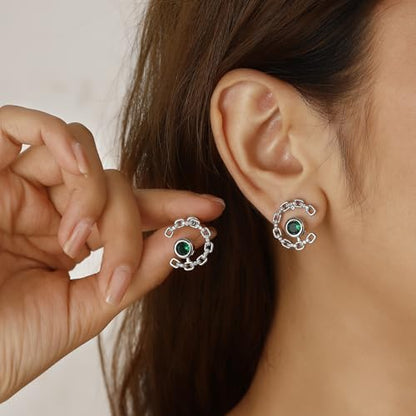 Elegant C-Shaped Crystal Stud Earrings with Birthstone Earring Silver Plated Fashion Jewelry for Women CE0003 - color: Green-May