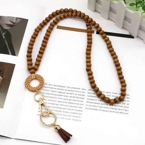 COLORFUL BLING Handmade Braided Rattan Straw Wicker Y-Shaped Long Chain Tassel Necklace Wooden Beads Statement Lanyards Pendant Necklace Women Jewelry