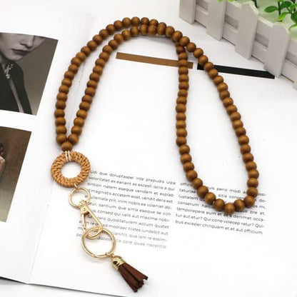 COLORFUL BLING Handmade Braided Rattan Straw Wicker Y-Shaped Long Chain Tassel Necklace Wooden Beads Statement Lanyards Pendant Necklace Women Jewelry