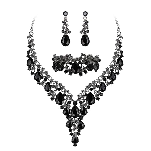 Wedding Bridal Necklace Earrings Jewelry Set for Women | Gorgeous Austrian Crystal Teardrop Flower Cluster for Bridal Bride Bridesmaid - color: 3Pcs-Black Black-Tone