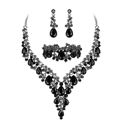 Wedding Bridal Necklace Earrings Jewelry Set for Women | Gorgeous Austrian Crystal Teardrop Flower Cluster for Bridal Bride Bridesmaid - color: 3Pcs-Black Black-Tone